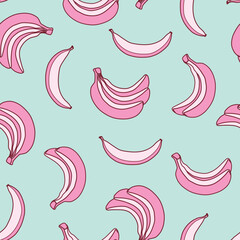Banana seamless pattern with a beautiful mint background. Fresh template. Childish style, abstract pop art. Creative texture for fabric, wrapping, textile.