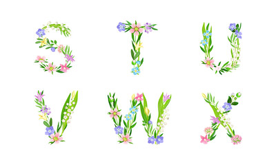 Floral alphabet. S,T,U,V,W,X letters made of spring flowers and leaves vector illustratio