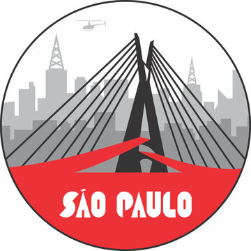Ilustração da cidade de São Paulo, em formato de carimbo ou círculo, mostrando a Ponte Octávio Frias de Oliveira, conhecida como ponte estaiada e edifícios estilizados ao fundo.