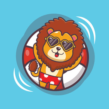 Cute lion cartoon mascot character swimming on pool