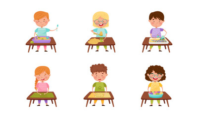 Cute little children playing in kindergarten set. Kids standing at table playing with sand, balls and cereal vector illustration