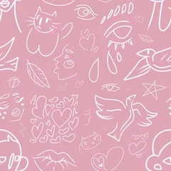 Foto op Plexiglas A set of raster images in pencil style on a pink background. Pattern for tattoos, stickers, print, magazines and website. Pictures of a girl, eyes, cat, lips, hearts, birds. © Marfa Gubailovskaya