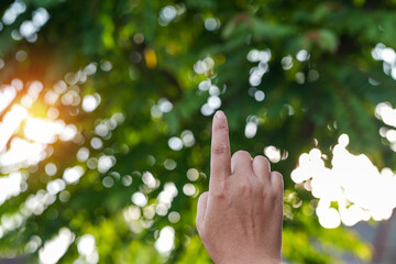 Technology, hand holding with environment Icons over the Network connection on green background