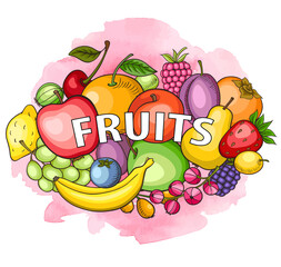 Fresh juicy fruit on a pink watercolor background.