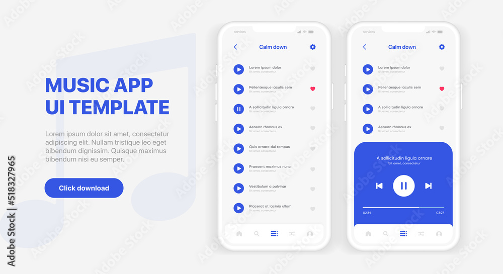 Poster Web mobile application interface for music player application for mobile app, business, website. Sound app UI UX GUI template. Responsive website wireframes. Web design UI kit. Music Dashboard.