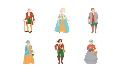 People dressed in ancient clothes of the 18th century set vector illustration