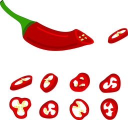 Hot pepper vector illustration. Hot pepper. Chilli. Cayenne pepper. Piece of pepper, pepper pieces with seeds, pepper circles, chopped pepper with seeds.