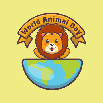 Cute lion cartoon vector illustration in world animal day