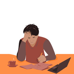 Young short brown hair man is sitting at desk doing job has laptop in front of with more paper on white background.Vector illustration flat design concept for Stay Home on Quarantine During the Covid