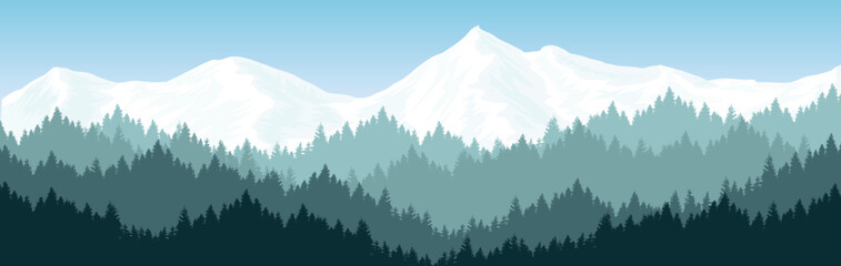 landscape of mountains and pine forests There are snowy mountains in the backdrop of the pine forest in summer. template for design book cover Web backgrounds, posters, landscapes, and presentations.