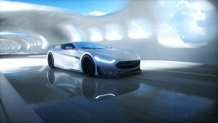 Futuristic sci fi tunnel. futuristic sport car. 3d rendering.