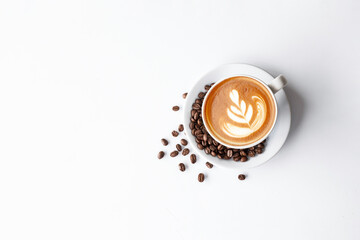 cup of coffee and bean on white table background. top view - Powered by Adobe