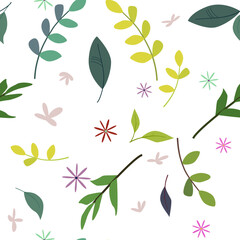 Seamless vector pattern with leaves, flowers. Nature background, pattern for textile, fabric, banner, product package, wrapping paper