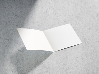 3D illustration. White square bifold flyer isolated on marble background