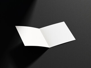 3D illustration. White square bifold flyer isolated on black background