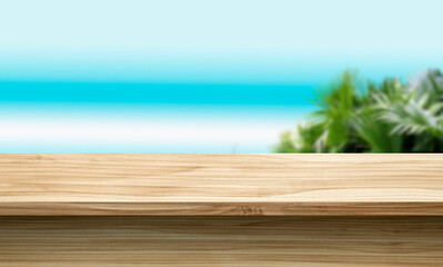 wooden table on beach, bokeh seascape background, product mock-up, product display stand