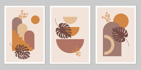 A set of Abstract hand-painted Illustrations for wall decoration. Boho style. Postcards, banners on social networks. The background of the brochure cover design. Modern abstract painting.