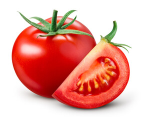 Tomato isolated on white background. Tomato with a slice isolate. Tomatoes&nbsp;side view. With clipping path. Full depth of field.