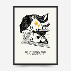 Abstract minimalist aesthetic women with thin lines, floral patterns, plants, woman. Trendy colorful poster template. Vintage boho style.