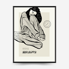 Abstract minimalist aesthetic women with thin lines, floral patterns, plants, woman. Trendy colorful poster template. Vintage boho style.