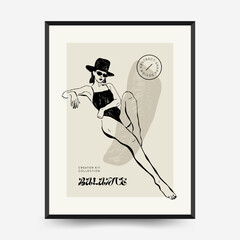 Abstract minimalist aesthetic women with thin lines, floral patterns, plants, woman. Trendy colorful poster template. Vintage boho style.