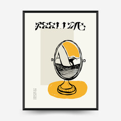 Abstract minimalist aesthetic women with thin lines, floral patterns, plants, woman. Trendy colorful poster template. Vintage boho style. © KozyPlace