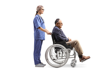 Full length profile shot of a female health care worker with a mature man in a wheelchair - obrazy, fototapety, plakaty