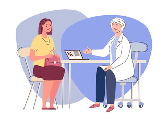 Reception of doctor, therapist, narrow specialist. Woman asked for medical help. Physician consults female patient, diagnoses, prescribes treatment. Vector characters flat cartoon illustration.
