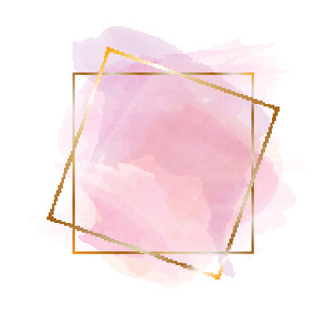 Pink and nude brush strokes and gold frame. Abstract vector background.