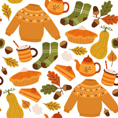 Vector seamless background with cozy elements. Autumn pattern with sweater, socks, pie, cocoa, pumpkins, teapot, leaves and acorns. Bright repeating texture. Wrapping paper.
