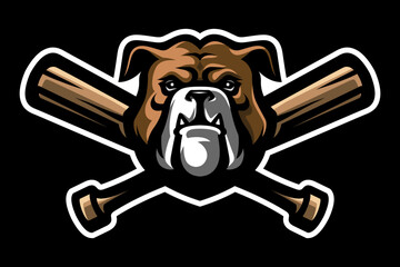 Bulldog and crossed baseball bats. Fighting dogs symbol, sport mascot. T-shirt print.