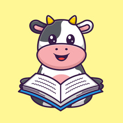 Cute Cow Reading Book in Cartoon. Animal Vector Illustration. Flat Style Concept.