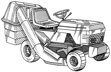 Illustration of a ride-on mower in black and white stroke technique