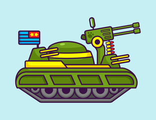 Cute War Machine Tank in Cartoon. Vehicle Vector Illustration. Flat Style Concept.