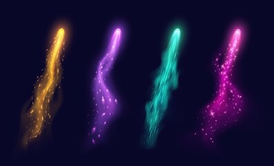 Vfx arrow effect, magic light trails with colorful haze and sparkles, realistic witch spell blast in motion. Fantasy game weapon effect isolated on a dark background. Vector illustration.