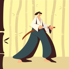 A man unsheathing a katana. A samurai doing training in the middle of the bamboo forest. A man training kendo. Landing page illustration. Vector flat design