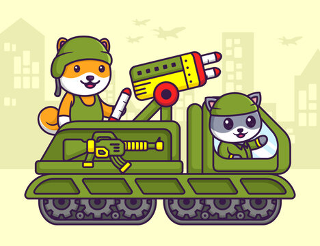 Vector illustration of Cute Shiba Inu and Cat Driving War Truck with Weapon in Cartoon Flat Style