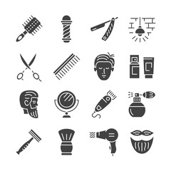Barbershop glyph icon set. Equipment for shaving and haircut. Scissors, razor, hairbrush, mirror, cologne flat sign. Vector collection.
