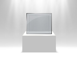 Realistic glass box or container on a white stand