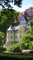 Fototapeta na wymiar Hölderlinturm in Tübingen mit Stocherkähnen