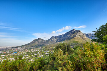 Beautiful panorama of table Mountain in Cape Town on a sunny day with copy space. Banner of a bright morning and cityscape in South Africa with serene harmony in nature and peaceful landscape views