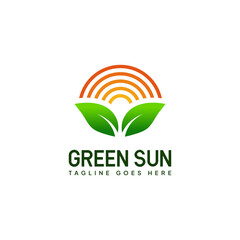 Sun And Nature Green Leaves Logo Vector