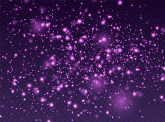 Magic sparkles, purple fairy stardust with sparks. Shiny flying particles, cosmic dust with glowing flares isolated on a dark background. Vector illustration.