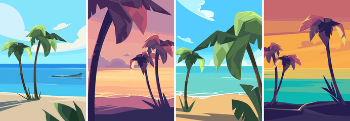 Set of landscapes with palm trees. Summer seascapes in vertical format.