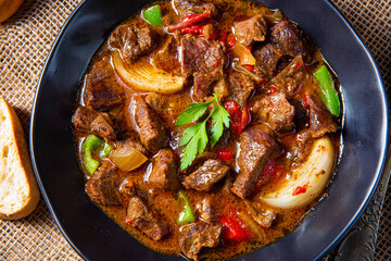 classic beef goulash with peppers and onions