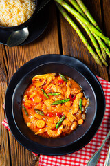 colorful turkey fricassee with asparagus and paprika
