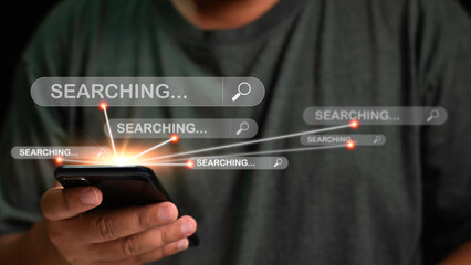 Businessman working with mobile phone virtual screen browser search bar, data search technology...