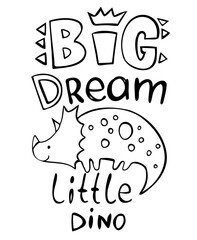 Cute Dinosaur and Lettering Little Dino isolated on white. Vector illustration. Perfect for print, coloring book, greeting card.