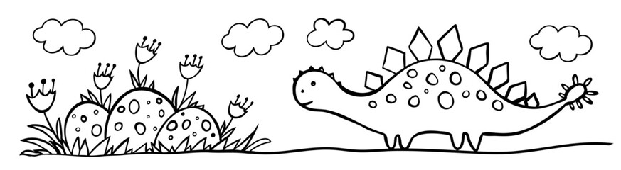 Cute Dinosaur and nest of eggs isolated on white. Vector illustration. Perfect for print, coloring book, greeting card.