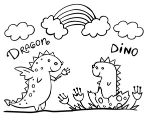 Cute Dragon gives a flower to a dinosaur that has just hatched isolated on a white background. Vector illustration. Perfect for print, coloring book, greeting card.